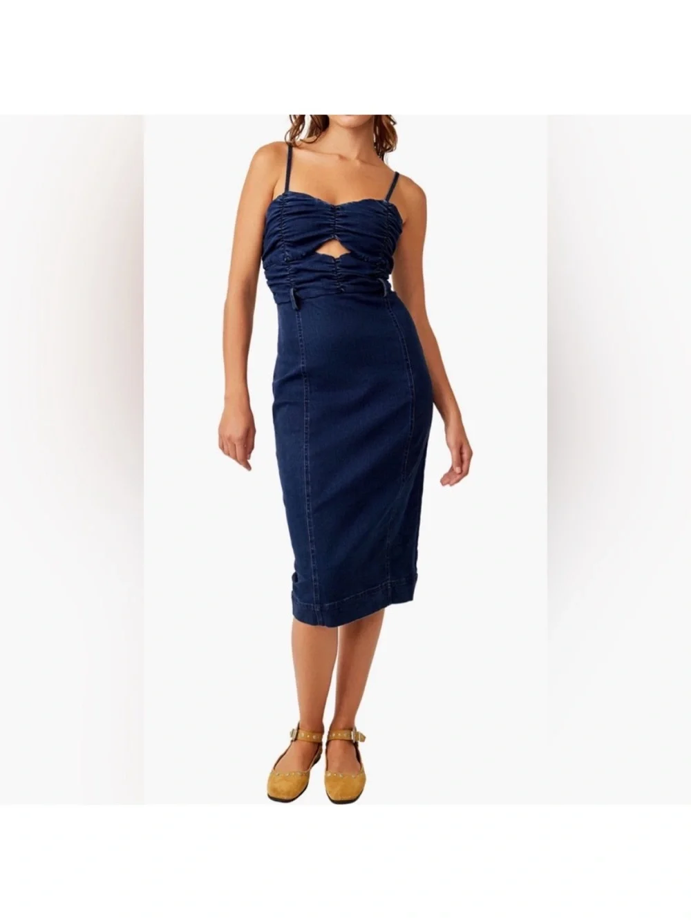 Free People Serenity Ruched Denim Midi Dress Midnight Size S
